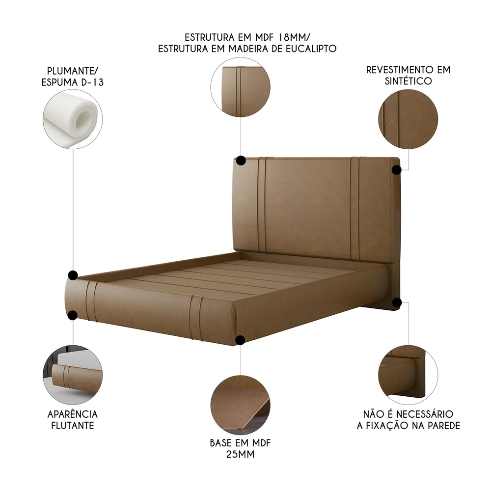 Cama Casal Flutuante Com Cabeceira 140cm Lyra Sintético Camel S05 - Mpozenato