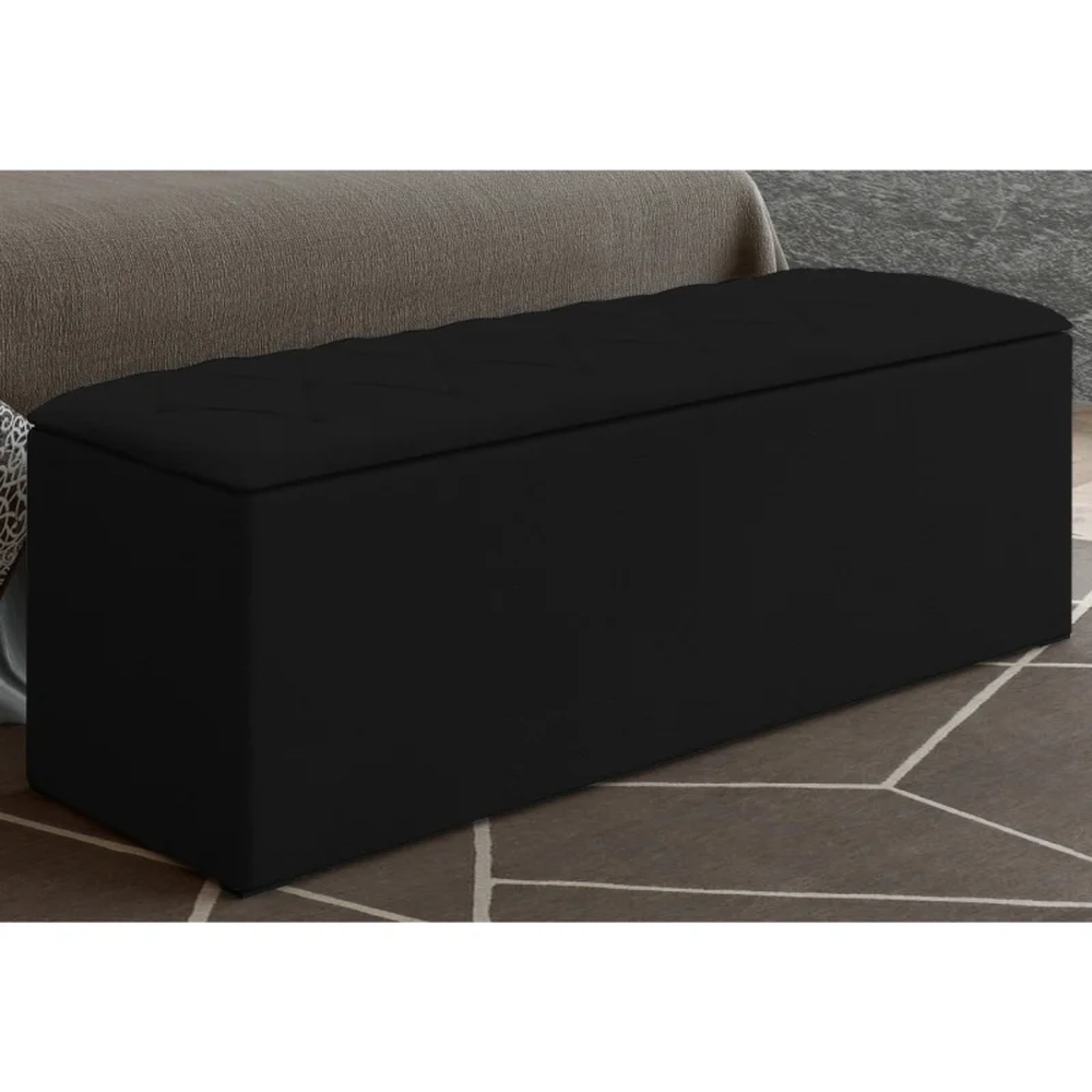 Cabeceira Cama Box Casal 140cm com Calçadeira Baú Paris Veludo Preto - JS Móveis