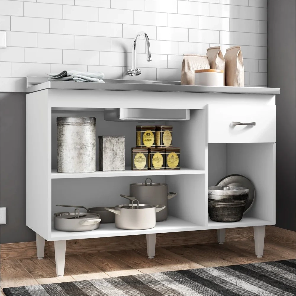 Balcão Gabinete Para Pia Sem Tampo 120cm 3 Portas e 1 Gaveta Flex Gabriela Branco/Preto - AJL Móveis