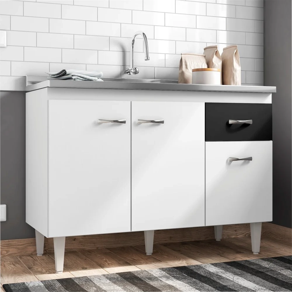 Balcão Gabinete Para Pia Sem Tampo 120cm 3 Portas e 1 Gaveta Flex Gabriela Branco/Preto - AJL Móveis