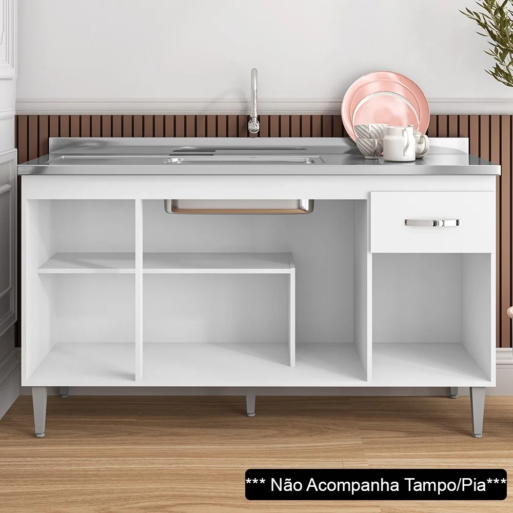 Balcão Gabinete Para Pia Sem Tampo 150cm 4 Portas e 1 Gaveta Flex Gabriela Branco/Preto - AJL Móveis