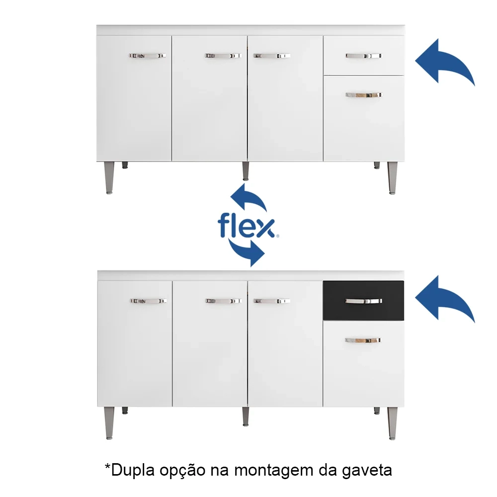 Balcão Gabinete Para Pia Sem Tampo 150cm 4 Portas e 1 Gaveta Flex Gabriela Branco/Preto - AJL Móveis