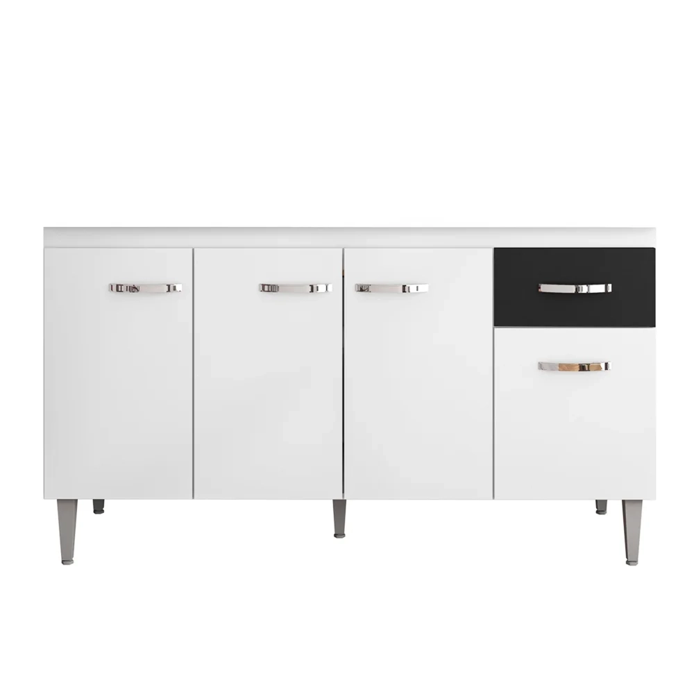 Balcão Gabinete Para Pia Sem Tampo 150cm 4 Portas e 1 Gaveta Flex Gabriela Branco/Preto - AJL Móveis