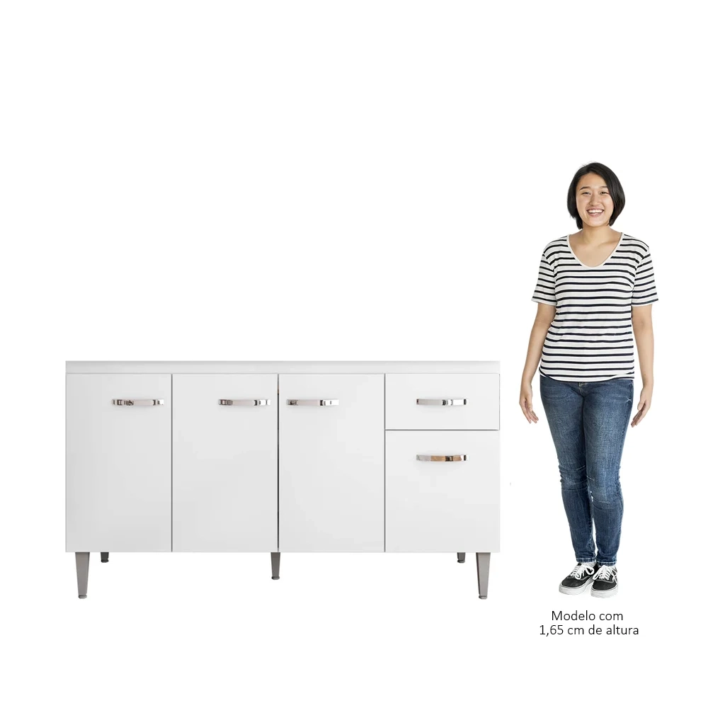 Balcão Gabinete Para Pia Sem Tampo 150cm 4 Portas e 1 Gaveta Flex Gabriela Branco/Preto - AJL Móveis