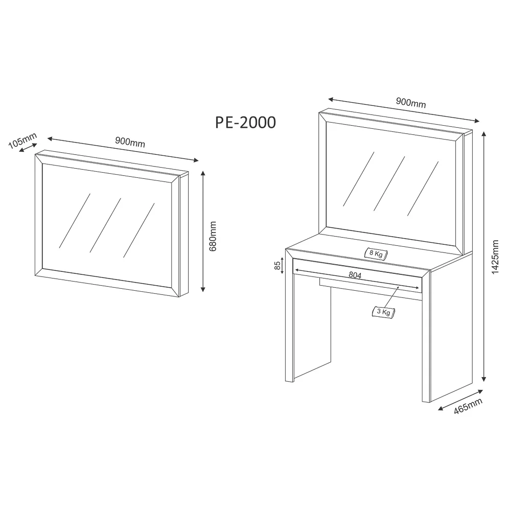 Penteadeira com Espelho e 01 Gaveta PE2000 Branco - Tecno Mobili