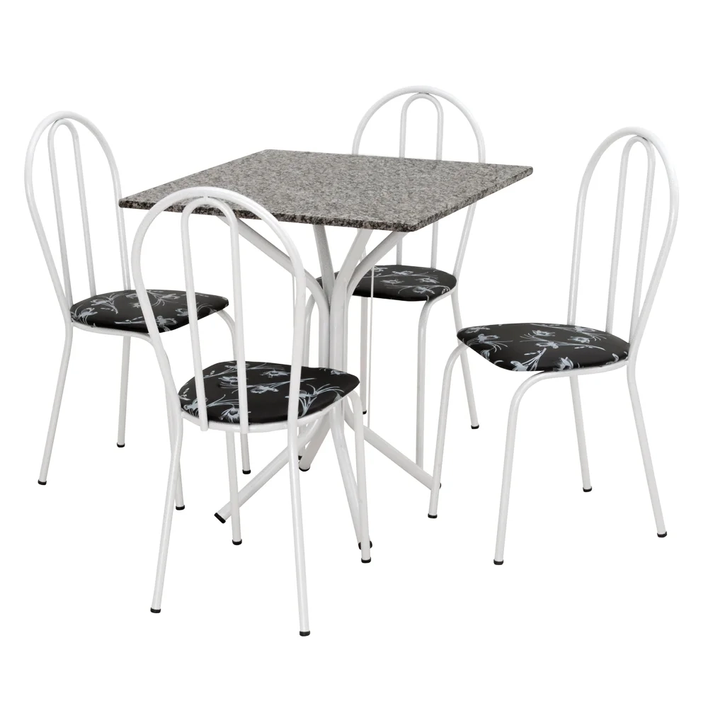 Jogo de Mesa e 04 Cadeiras Thais com Tampo Granito Branca/Assento Preto Floral - Artefamol