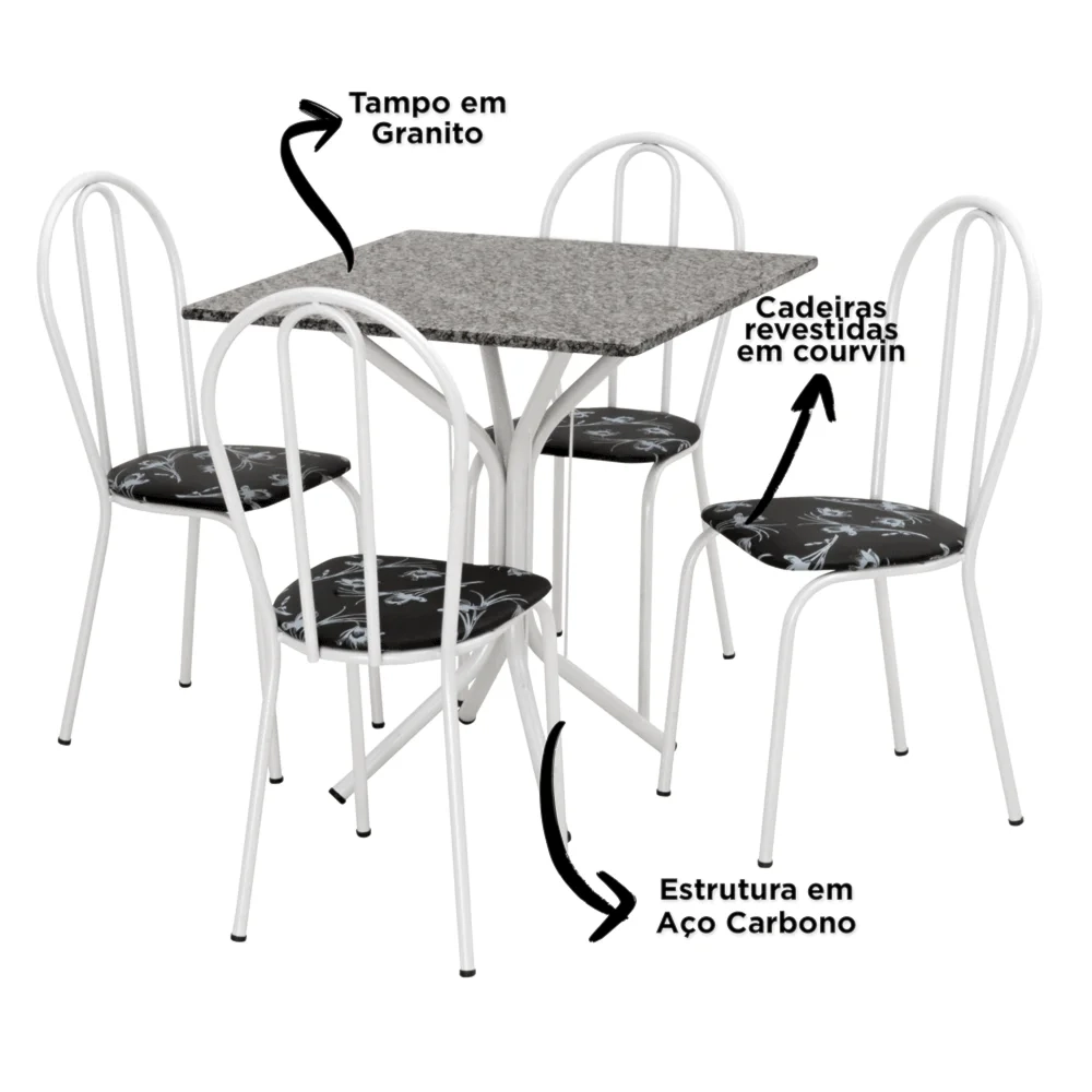 Jogo de Mesa e 04 Cadeiras Thais com Tampo Granito Branca/Assento Preto Floral - Artefamol