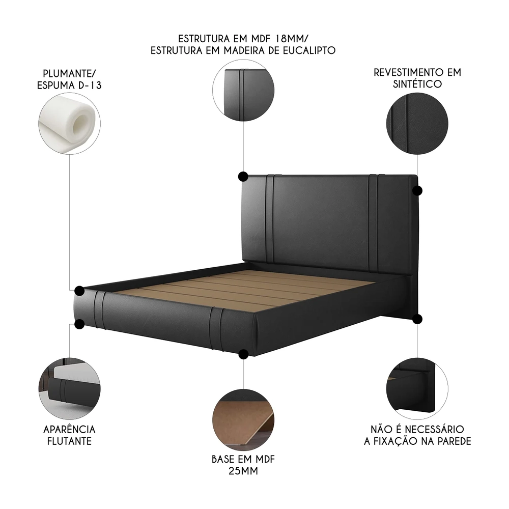 Cama Queen Flutuante Com Cabeceira 160cm Lyra Sintético Preto S05 - Mpozenato