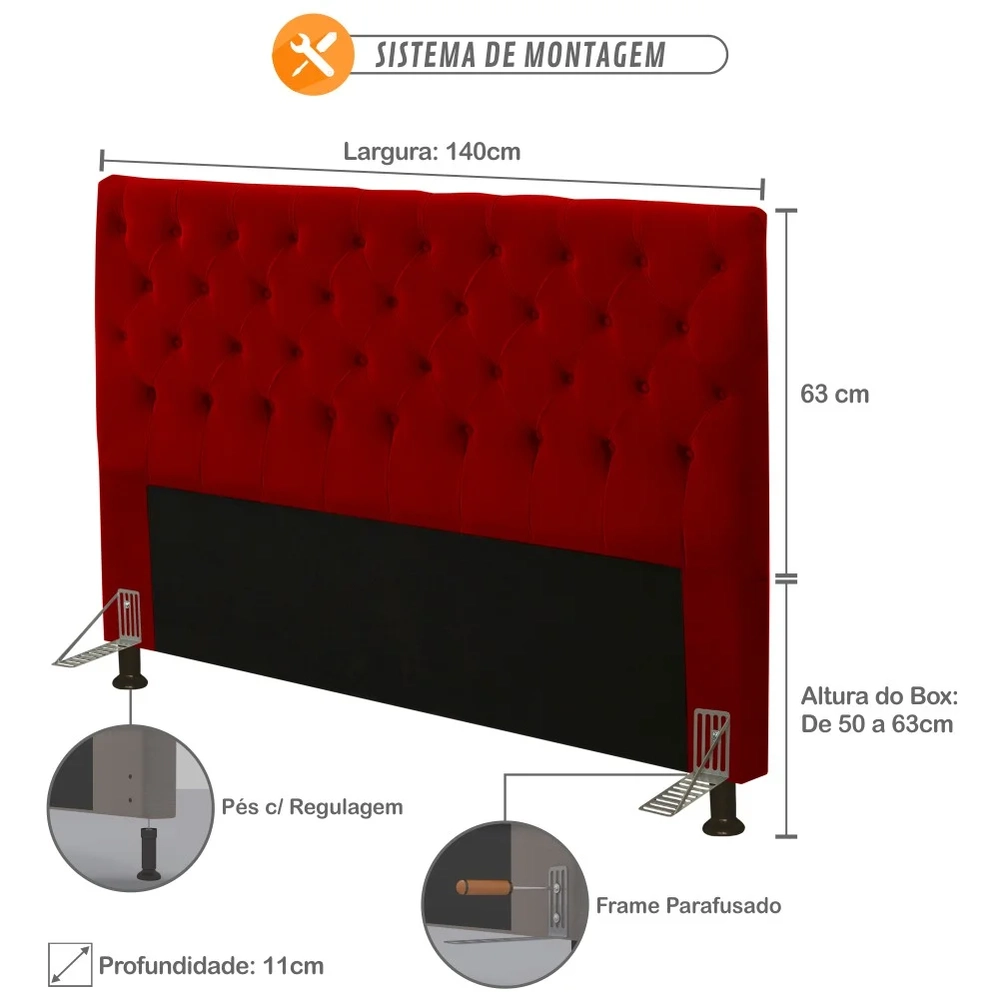 Cabeceira Cama Box Casal 140cm Cristal Veludo Vermelho - MV Estofados