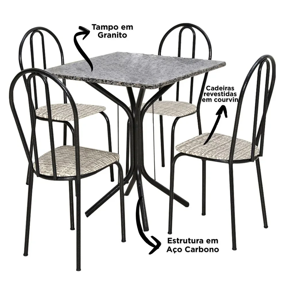 Jogo de Mesa e 04 Cadeiras Thais com Tampo Granito Craquelada/Assento Rattan - Artefamol