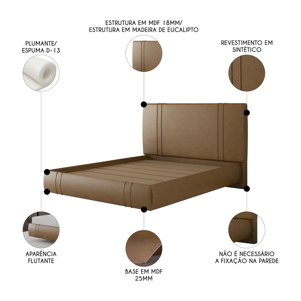 Cama Queen Flutuante Com Cabeceira 160cm Lyra Sintético Camel S05 - Mpozenato