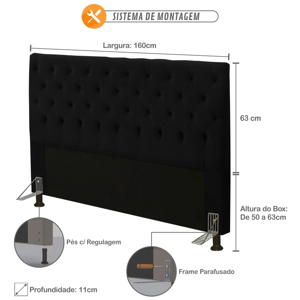 Cabeceira Cama Box Casal Queen 160cm Cristal Veludo Preto - MV Estofados