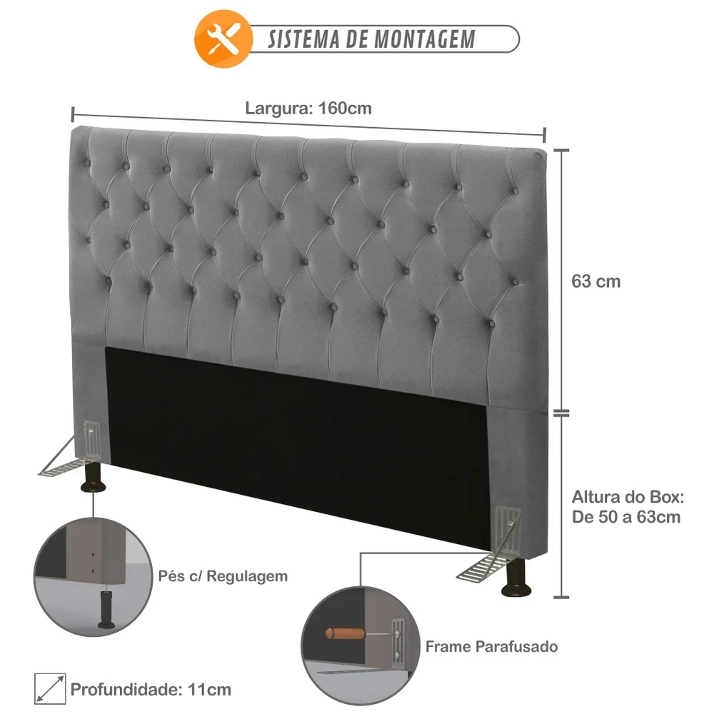 Cabeceira Cama Box Casal Queen 160cm Cristal Veludo Cinza - MV Estofados
