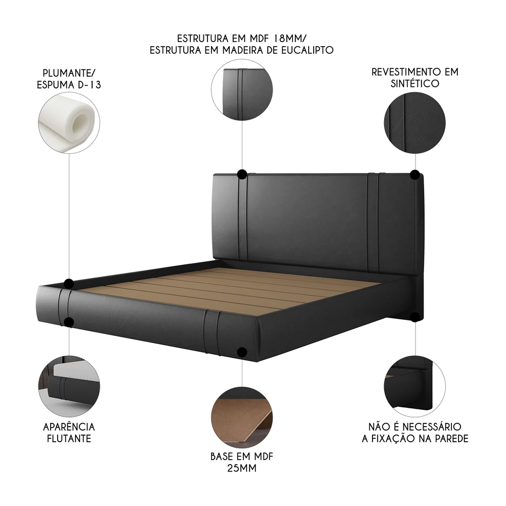 Cama King Flutuante Com Cabeceira 195cm Lyra Sintético Preto S05 - Mpozenato