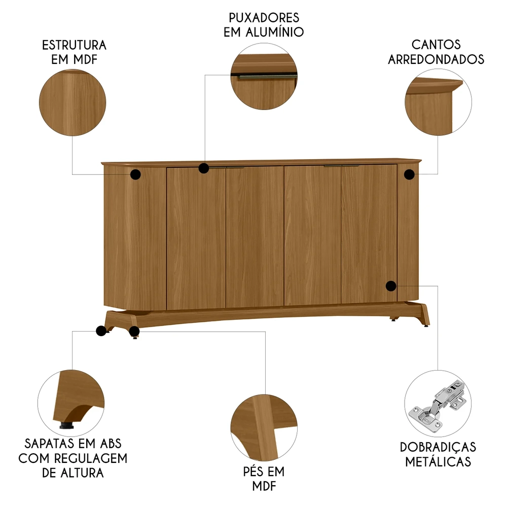 Buffet Aparador Sala de Estar 160cm 4 Portas Zuni Ypê N02   - Mpozenato
