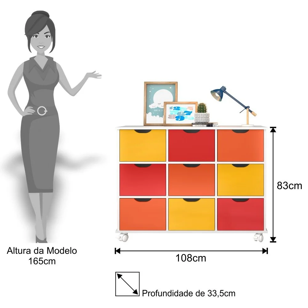 Nicho Organizador 9 Gavetas com Rodízios Branco/Colorido - Qmovi