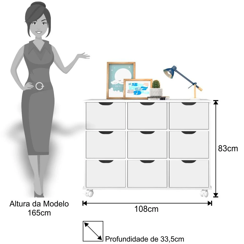 Nicho Organizador 9 Gavetas com Rodízios Branco - Qmovi