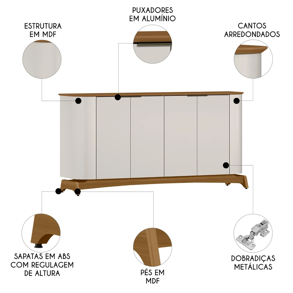 Buffet Aparador Sala de Estar 160cm 4 Portas Zuni Off/Ypê N02 - Mpozenato