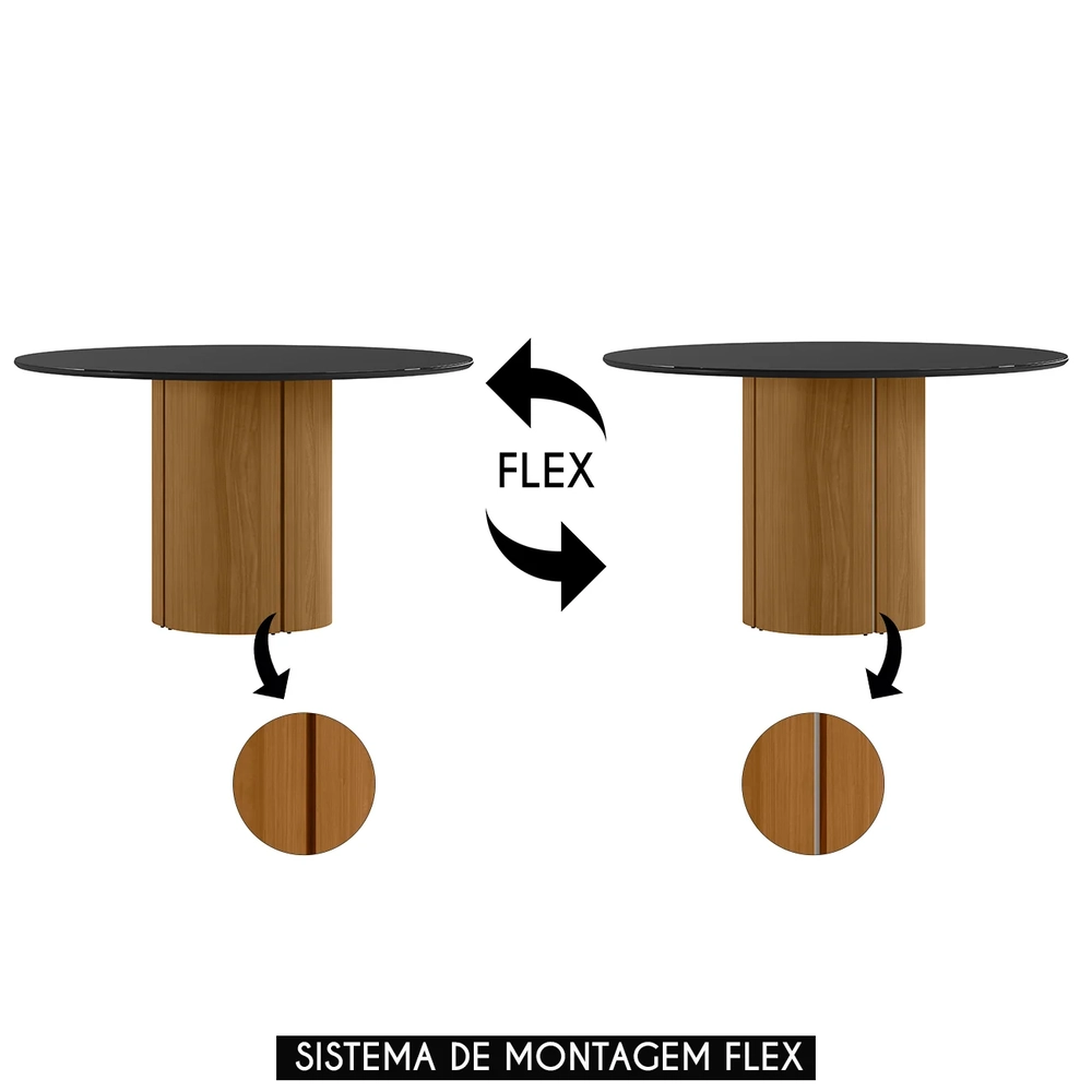Mesa de Jantar Redonda 135cm 6 Lugares Flex Zuni Ypê/Preto N02 - Mpozenato