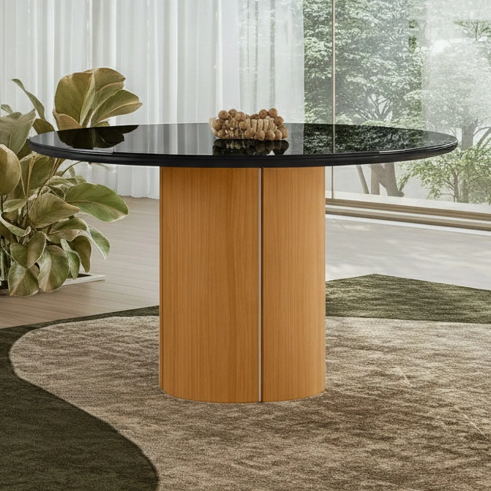 Mesa de Jantar Redonda 135cm 6 Lugares Flex Zuni Ypê/Preto N02 - Mpozenato