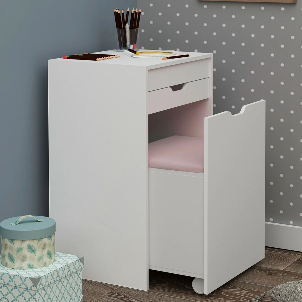 Penteadeira Com Espelho e Puff Baú PE2007 Branco/Rosa 369 - Tecno Mobili