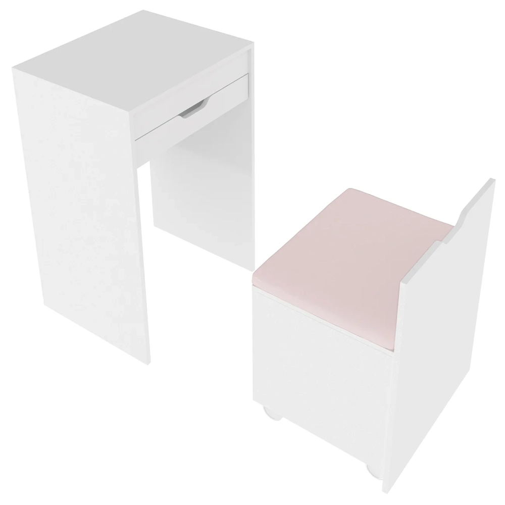 Penteadeira Com Espelho e Puff Baú PE2007 Branco/Rosa 369 - Tecno Mobili