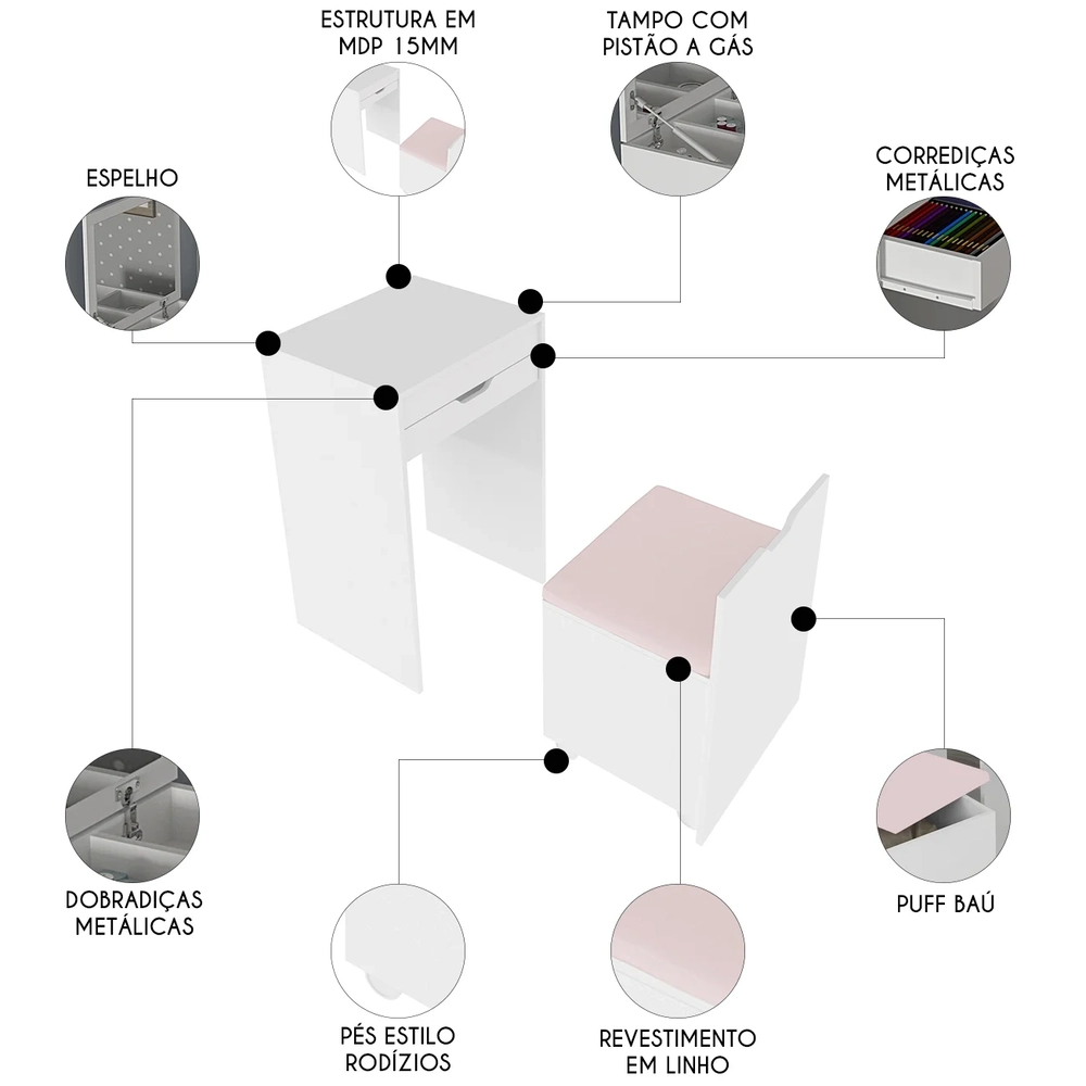 Penteadeira Com Espelho e Puff Baú PE2007 Branco/Rosa 369 - Tecno Mobili