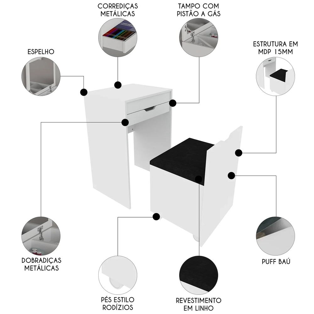 Penteadeira Com Espelho e Puff Baú PE2007 Branco/Preto 408 - Tecno Mobili