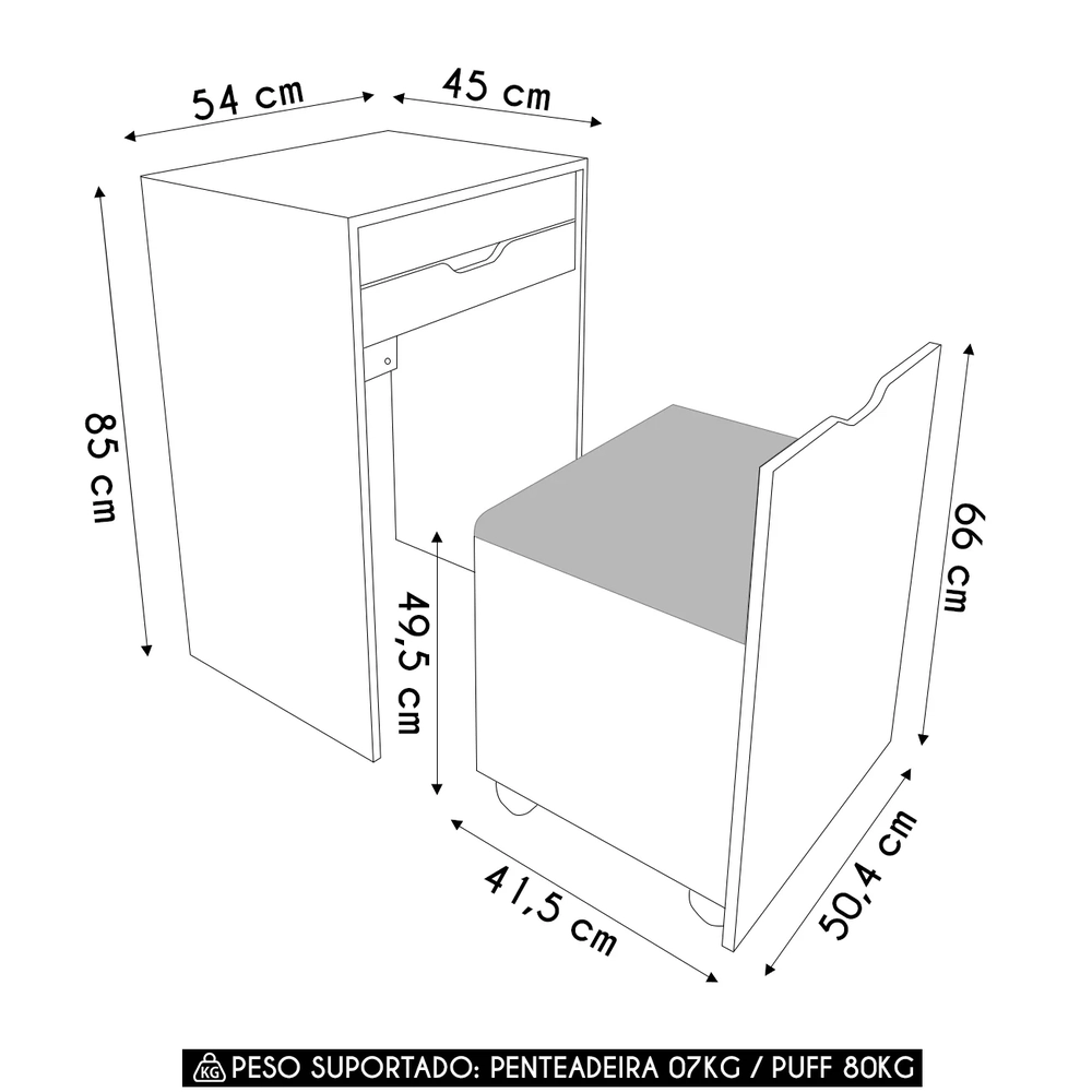 Penteadeira Com Espelho e Puff Baú PE2007 Branco/Preto 408 - Tecno Mobili