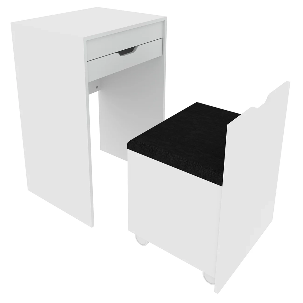 Penteadeira Com Espelho e Puff Baú PE2007 Branco/Preto 408 - Tecno Mobili