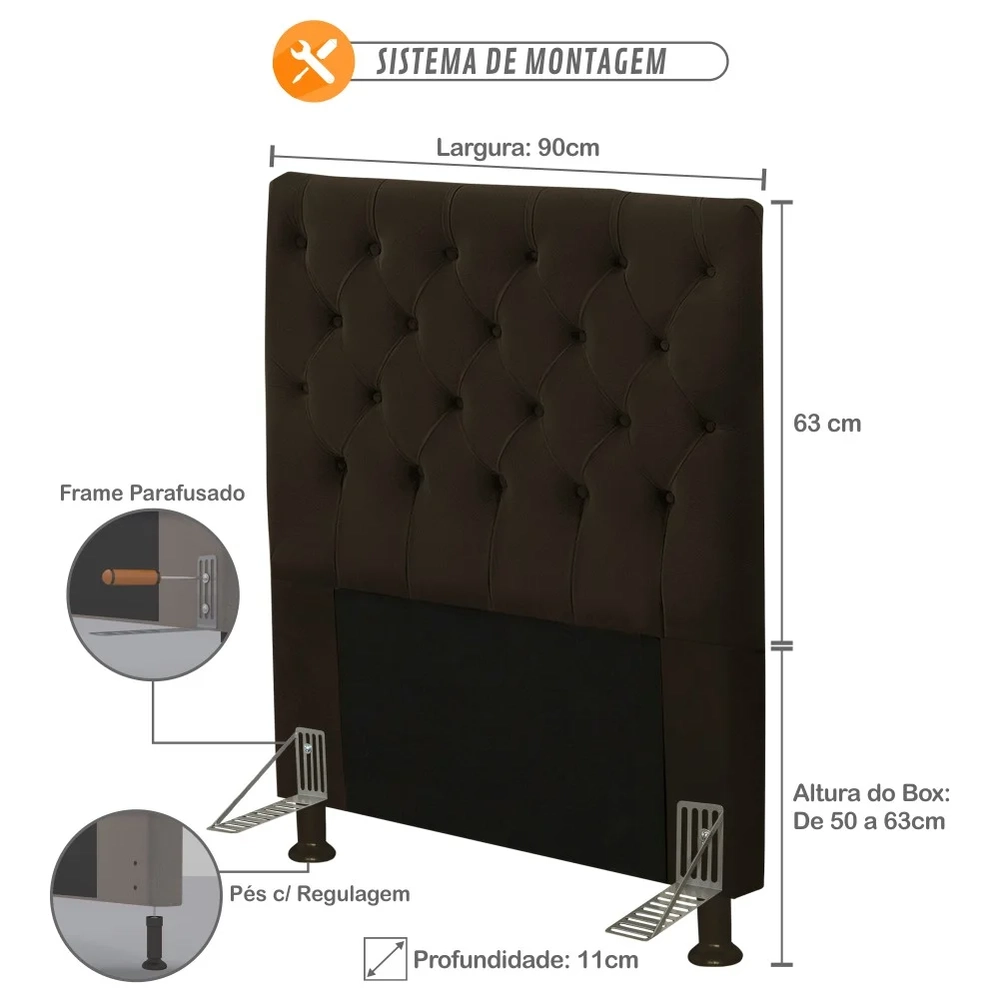 Cabeceira Cama Box Solteiro 90cm Cristal Veludo Chocolate - MV Estofados