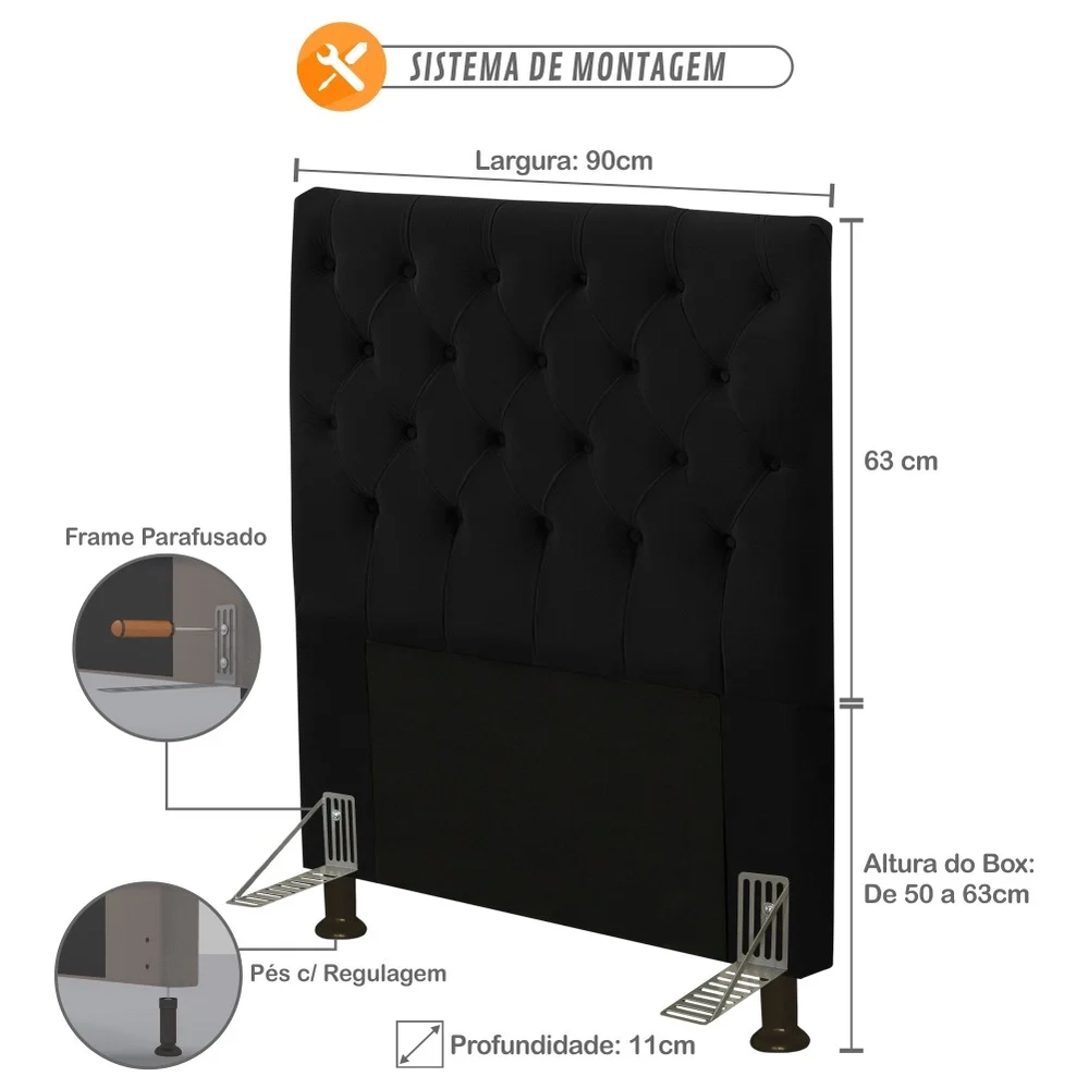 Cabeceira Cama Box Solteiro 90cm Cristal Veludo Preto - MV Estofados