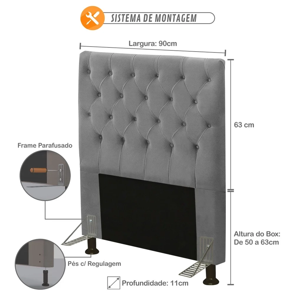 Cabeceira Cama Box Solteiro 90cm Cristal Veludo Cinza - MV Estofados