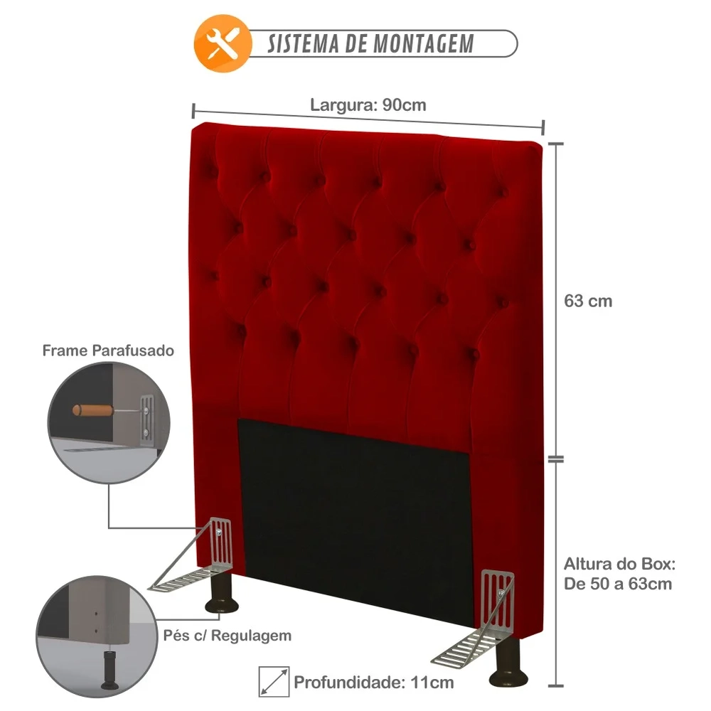 Cabeceira Cama Box Solteiro 90cm Cristal Veludo Vermelho - MV Estofados