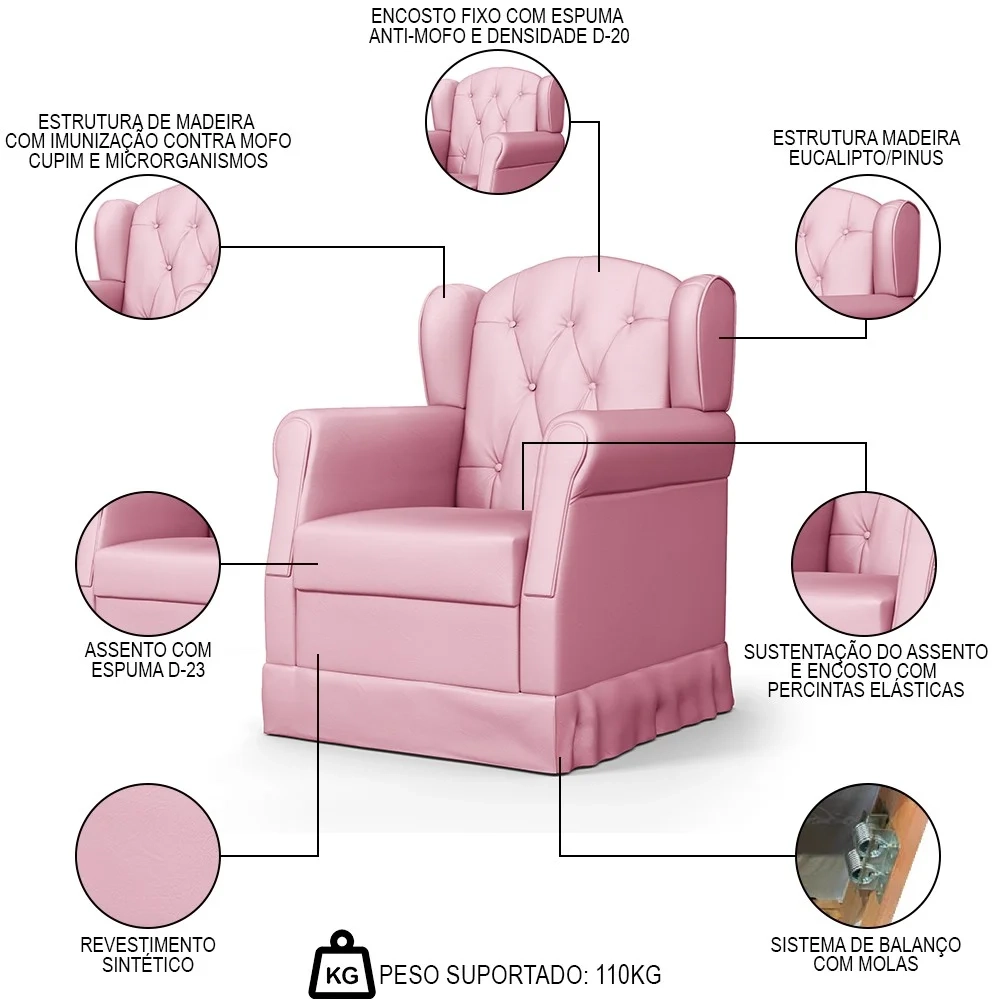 Poltrona de Amamentação Balanço e Puff Letícia Rosa - Phoenix