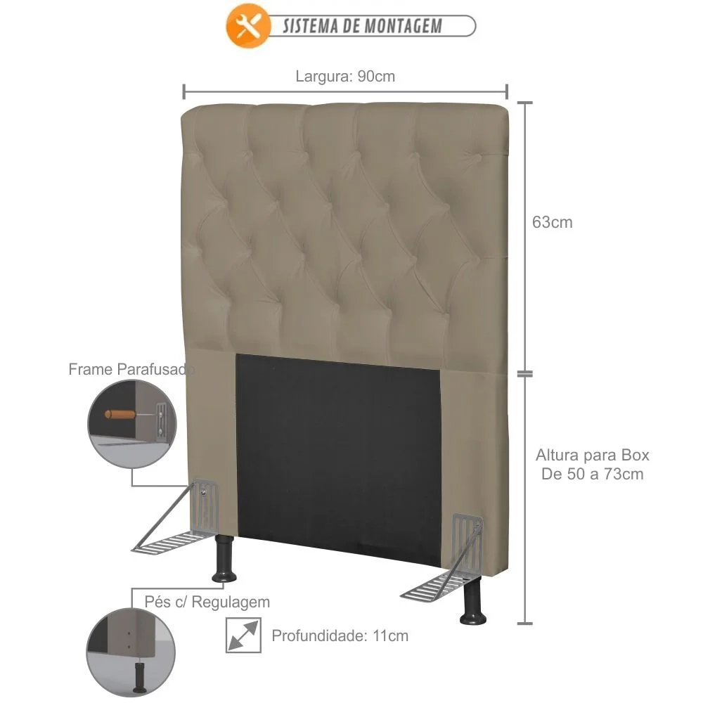 Cabeceira Cama Box Solteiro 90cm Cristal Sintético Areia - MV Estofados