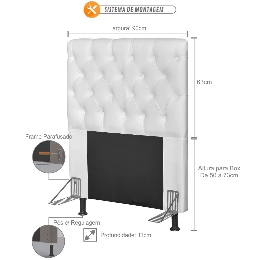 Cabeceira Cama Box Solteiro 90cm Cristal Sintético Branco - MV Estofados