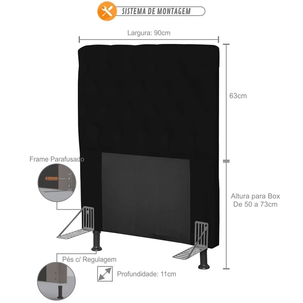 Cabeceira Cama Box Solteiro 90cm Cristal Sintético Preto - MV Estofados