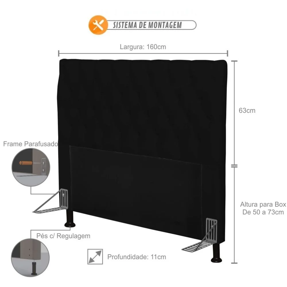 Cabeceira Cama Box Casal Queen 160cm Cristal Sintético Preto - MV Estofados