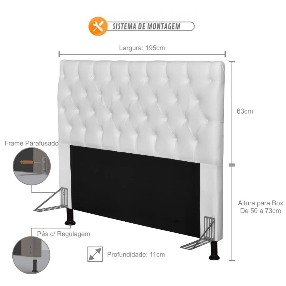 Cabeceira Cama Box Casal 195cm Cristal Sintético Branco - MV Estofados
