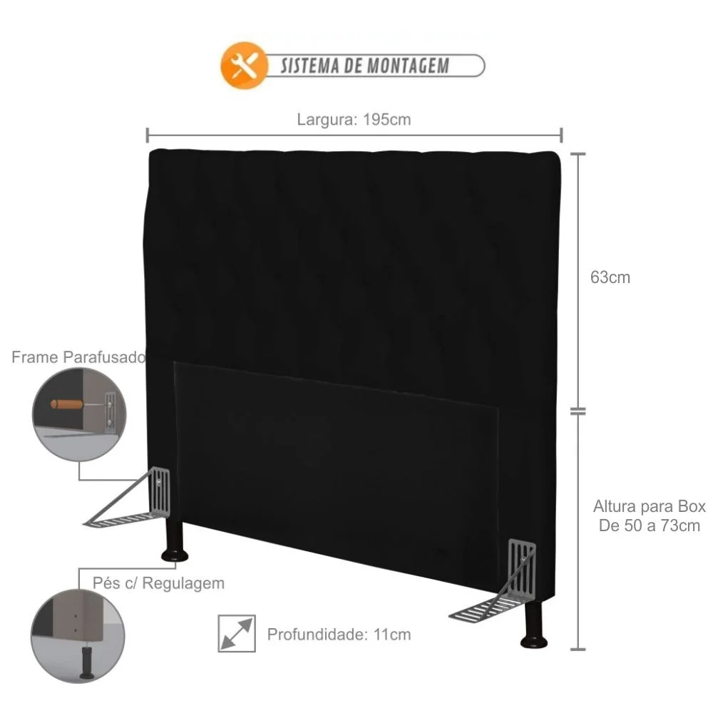 Cabeceira Cama Box Casal 195cm Cristal Sintético Preto - MV Estofados