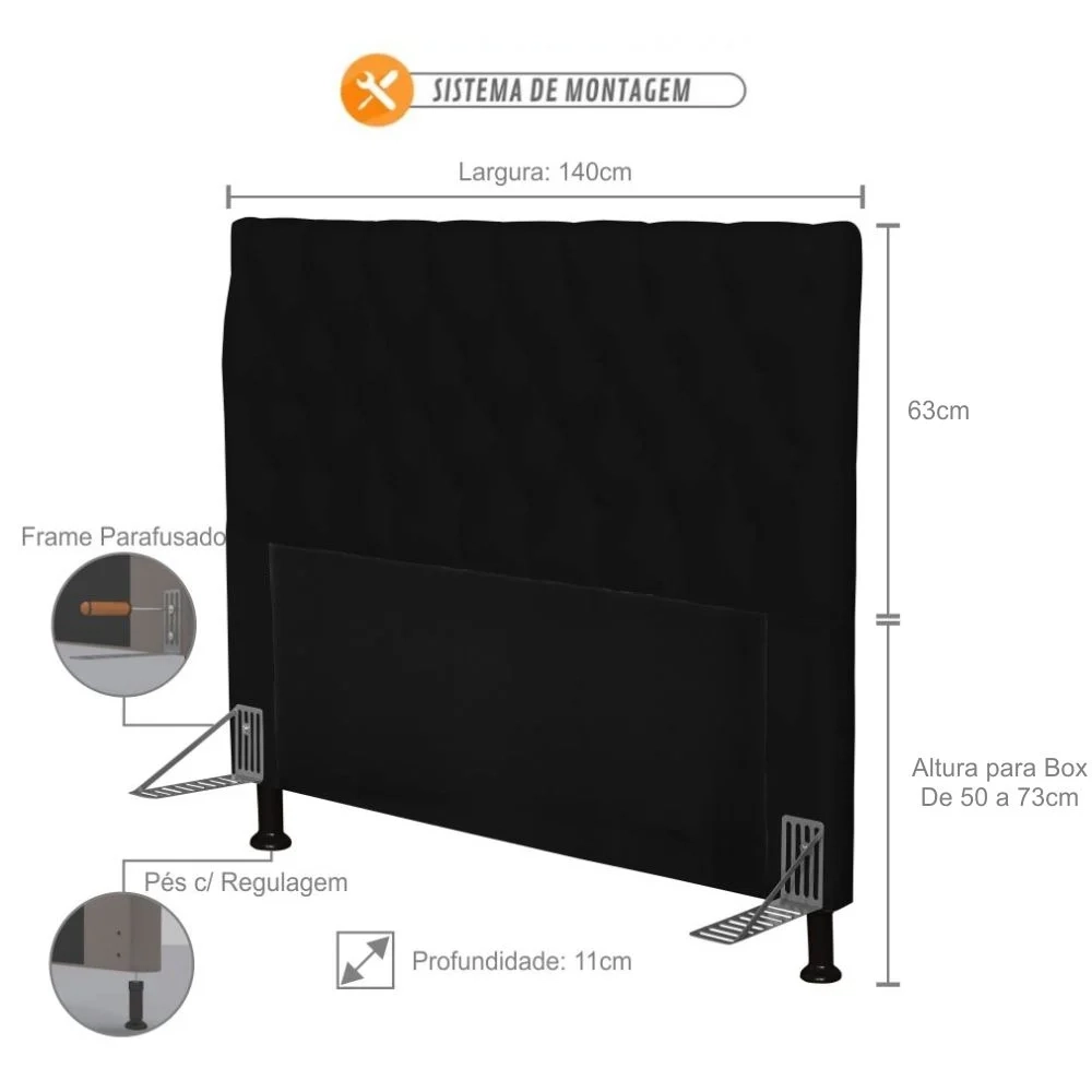 Cabeceira Cama Box Casal 140cm Cristal Sintético Preto - MV Estofados