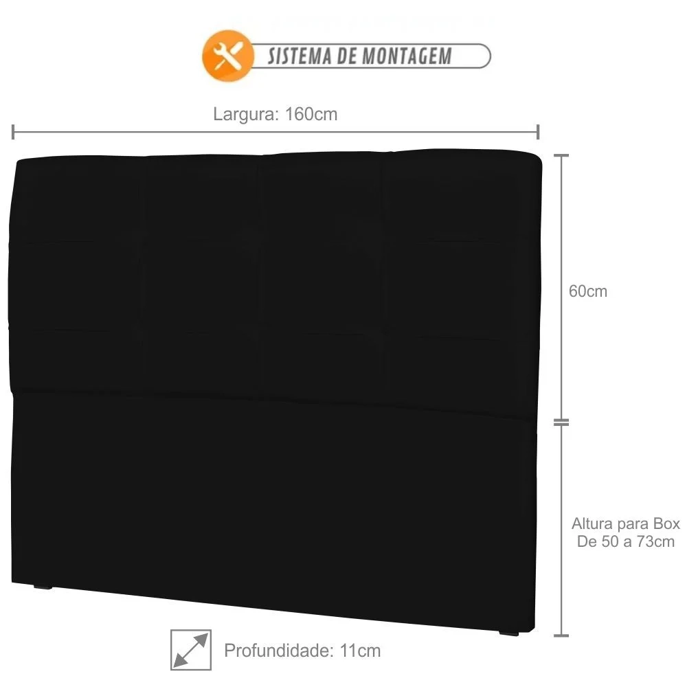 Cabeceira Casal Cama Box 160 cm London Sintético Preto - JS Móveis