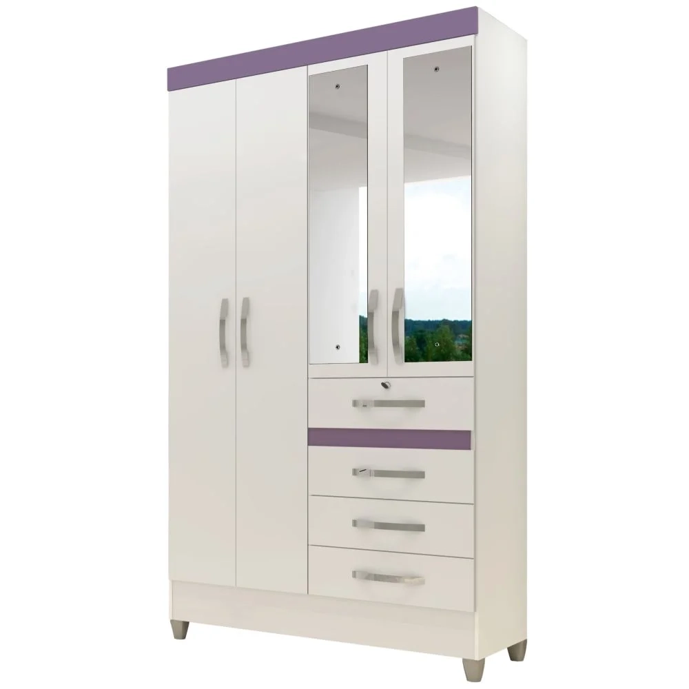 Guarda Roupa Solteiro Sobral 4 Portas Branco/Rosa/Azul/Lilás - Moval