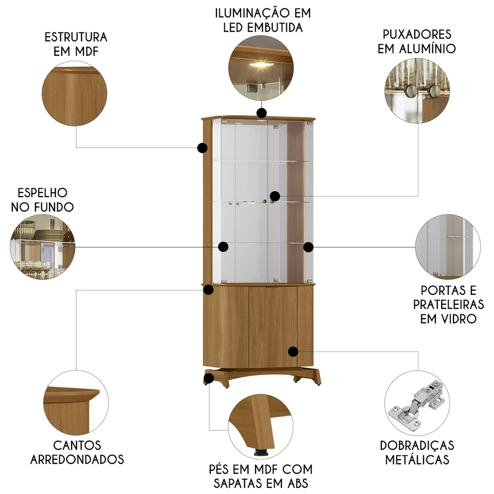 Cristaleira Porta de Vidro Com Espelho e LED Zuni Ypê N02   - Mpozenato