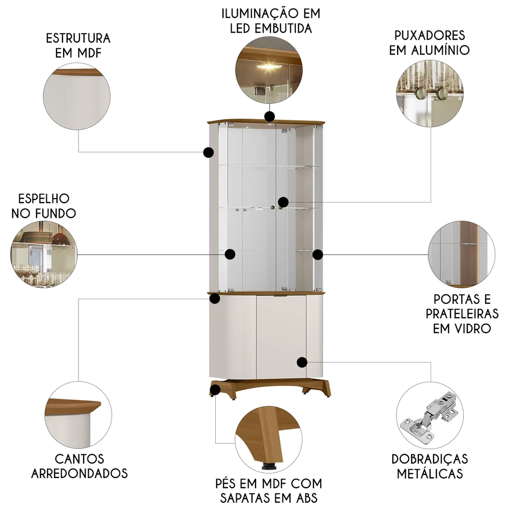 Cristaleira Porta de Vidro Com Espelho e LED Zuni Off/Ypê N02 - Mpozenato