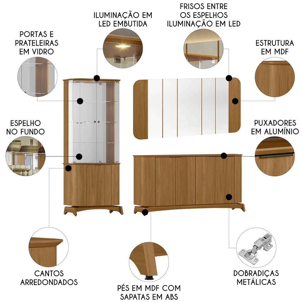Buffet Aparador Cristaleira e Espelho Com LED Zuni Ypê N02  - Mpozenato