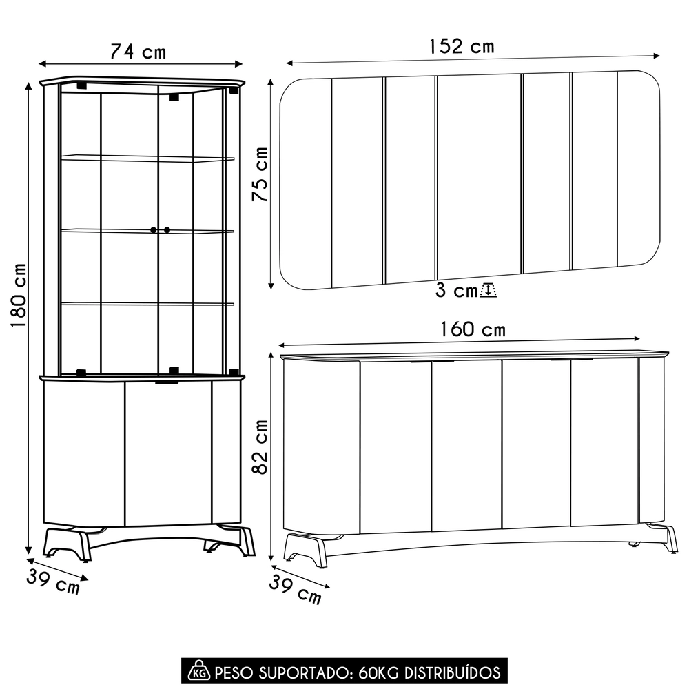 Buffet Aparador Cristaleira e Espelho Com LED Zuni Off/Ypê N02 - Mpozenato