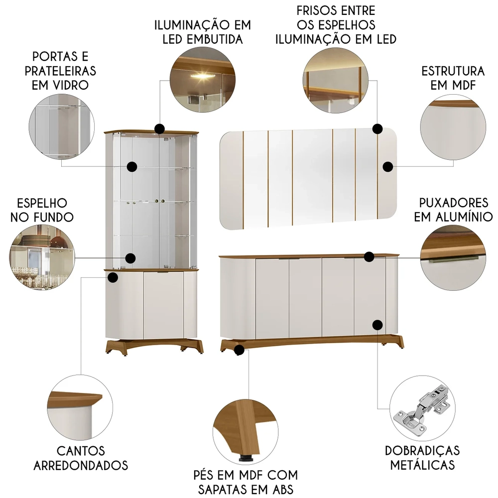 Buffet Aparador Cristaleira e Espelho Com LED Zuni Off/Ypê N02 - Mpozenato