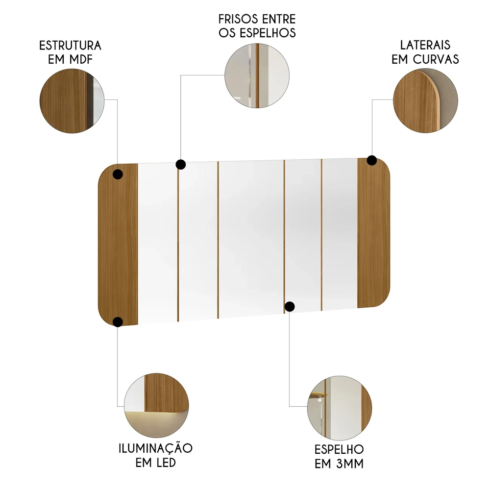 Espelho Decorativo Sala de Estar 152cm Com LED Zuni Ypê N02 - Mpozenato